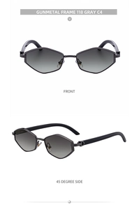 Detailed front and side view of gunmetal hexagonal sunglasses with gray gradient lenses