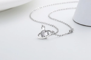 Macro shot of silver-tone orb pendant with sparkling zircon and star detail