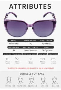 Detailed size chart and dimensions of purple cat-eye sunglasses with metal chain temples