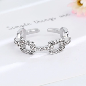 Silver chain ring with sparkling cubic zirconia, adjustable open design for women