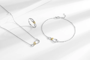 Detailed view of infinity and heart jewelry set with necklace, ring, and bracelet pieces