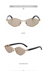 Front and 45-degree side views of gold polygon metal sunglasses with brown lenses