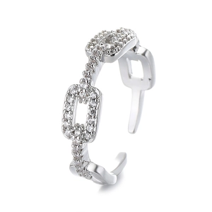 Adjustable silver chain ring with pavé cubic zirconia links in a minimalist open design