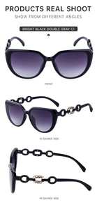 Three views of black cat-eye sunglasses with gradient lenses and chain detail temples