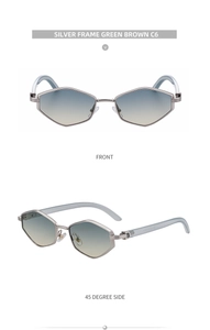 Detail view of silver polygonal metal frame sunglasses with gradient C6 lenses and clear temples