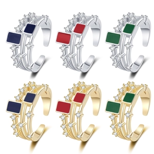 Triple Layer Open Ring Copper Enamel Geometric Square Cubic Zirconia Adjustable Luxury Fashion Jewelry For Women