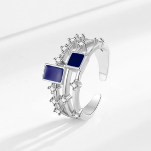 Minimalist silver multi-layer open ring with blue enamel rectangle and zircon stones