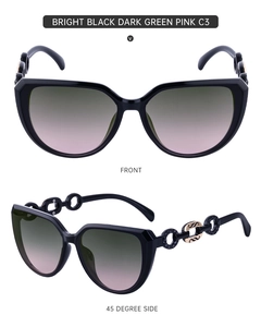 Detail of cat eye sunglasses with gold chain temples and gradient lenses shown in two views