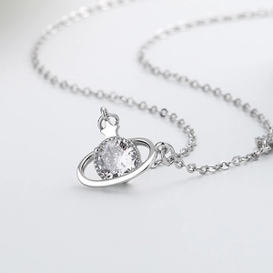 Planet Saturn Pendant Necklace Copper With Cubic Zirconia Star Dainty Clavicle Chain Jewelry For Women
