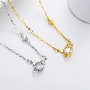 Elegant planet pendant necklace with clear zircon in silver and gold plated finish