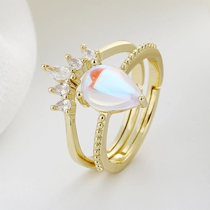 Crown Tiara Adjustable Rings Copper Pear Shape Moonstone Zircon Elegant Fashion Women Vintage Style Jewelry