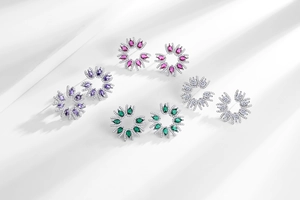 Detailed view of floral wreath earrings with colorful marquise stones and zircons