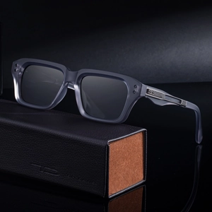 Square dark grey polarized sunglasses for men with luxury metal temples and leather case
