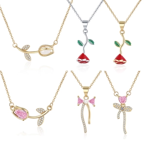 Tulip Rose Flower Pendant Necklace Copper Zircon Enamel Artificial Pearl Bowknot Heart Elegant Fashion Jewelry Gift For Women