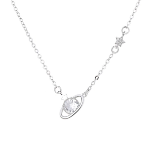 Elegant silver planet necklace with crystal Saturn pendant and star accent for women