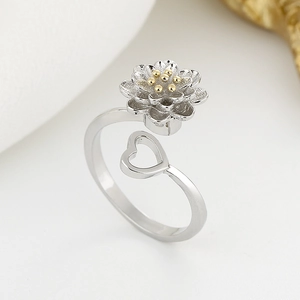Minimalist spinning sunflower ring for women with silver lotus and heart design