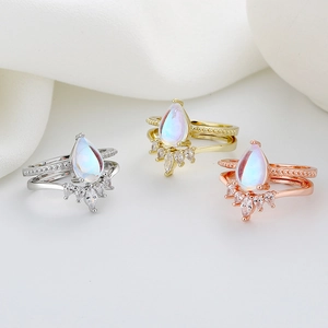 Three-piece bohemian layered crown rings with pear-cut moonstone in silver gold rose-gold