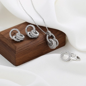 Copper Silver Tone Zircon Multi-Ring Pave Necklace Earrings And Adjustable Ring Fashion Jewelry For Women Party