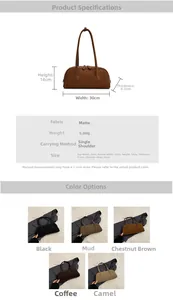 Detailed size specifications and multi-color options for the matte tote shoulder bag