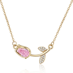 Golden tulip necklace featuring a pink pear-cut gemstone pendant with shimmering leaf detail