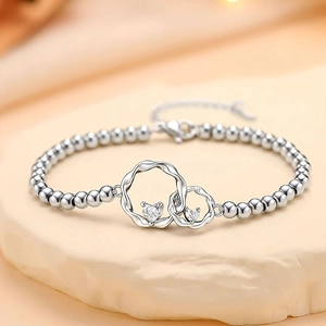 Elegant Heart Zircon Copper Beaded Bracelet For Women Interlocking Double Ring Minimalist Fashion Adjustable Jewelry