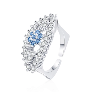 Elegant adjustable silver ring with light blue gemstone and zircon floral cluster design