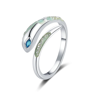 Silver snake open ring with blue stone and green enamel for punk fashion aesthetic