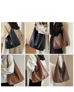 Detailed views of high-capacity PU leather tote bags in black, tan and dark brown colors