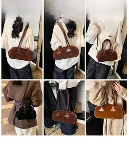 Multiple views of vintage suede shoulder bags in coffee, black, and light brown colors
