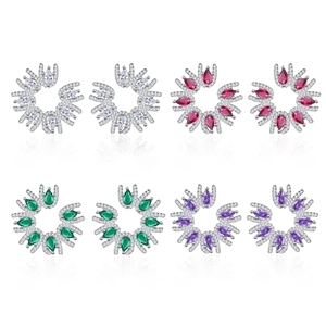 Elegant crystal sunflower stud earrings set in white, red, green and purple gemstone styles