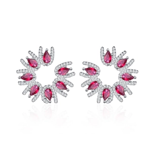 Elegant silver flower earrings with radiant red pear-cut stones and white zircon accents