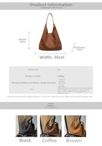 Detailed size chart showing dimensions for large brown PU leather tote bag with inner pouch