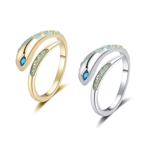 Snake Open Ring Copper With Blue Zircon Eye And Green Enamel Pattern Punk Adjustable Animal Jewelry For Women Men