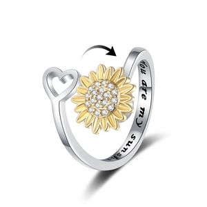Rotatable Sunflower Ring Adjustable Open Heart Cubic Zirconia Inlaid You Are My Sunshine Engraved Copper Jewelry Women