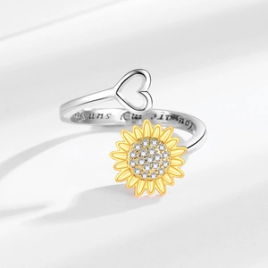 Rotatable sunflower open ring with heart detail and 'You are my sunshine' engraving