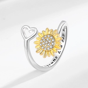 Sunflower spinner ring with heart detail and 'You are my sunshine' engraving for women
