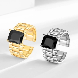 Vintage watch-band style ring with rectangular black zircon in gold and silver finish