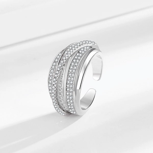 Luxurious silver multilayer zircon open ring with sparkling crystal stones for women