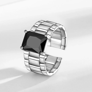 Vintage watchband link ring in silver with large black rectangular zircon stone