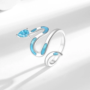 Snake Open Ring With Pear Cut Blue Zircon And Enamel Copper Adjustable Fashion Animal Wrap Finger Jewelry For Women