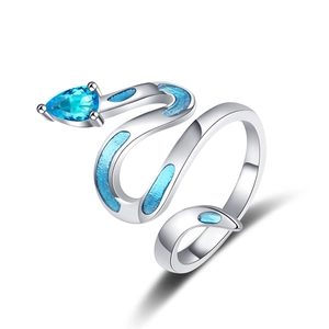 Minimalist silver snake ring with blue zircon teardrop stone and light blue enamel coating