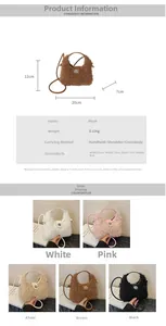 Detailed view of plush mini handbag with leather handle and metal turn-lock closure