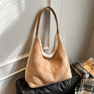 Women Faux Suede Tote Bag With Sherpa Trim Contrast Color Warm Winter Shoulder Handbag Large Capacity Korean Fashion
