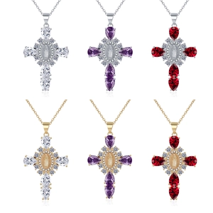 Cross Necklace With Virgin Mary Relief Pendant Copper Colorful Zircon Pear Shaped Gems Religious Jewelry For Women