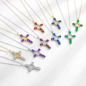 Cross necklace with Mary relief and colorful marquise zircon stones in gold and silver
