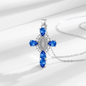 Blue pear-cut zircon cross necklace with Virgin Mary medal and silver chain