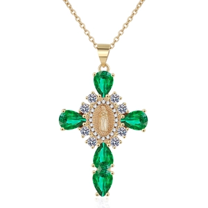 Gold cross necklace featuring green pear-shaped gemstones and a Virgin Mary center relief