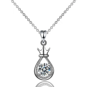 Elegant crown teardrop pendant necklace in sterling silver with round cubic zirconia stone
