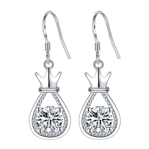 Elegant silver crown teardrop earrings with sparkling round zirconia on white background