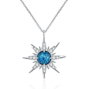 Romantic starburst necklace with blue central opal and silver snowflake pendant on white background